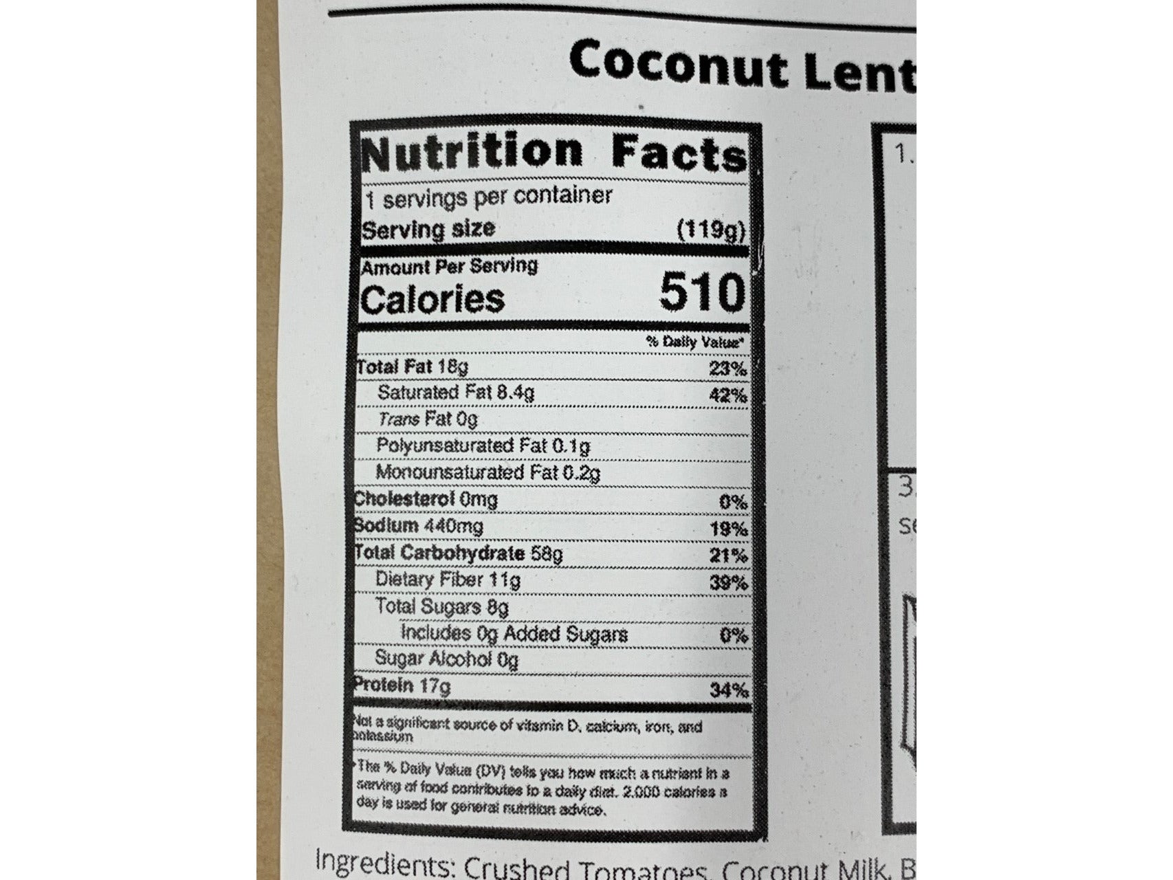 Coconut Lentil Curry Small (119gms/510 cals) - GF, Vegan