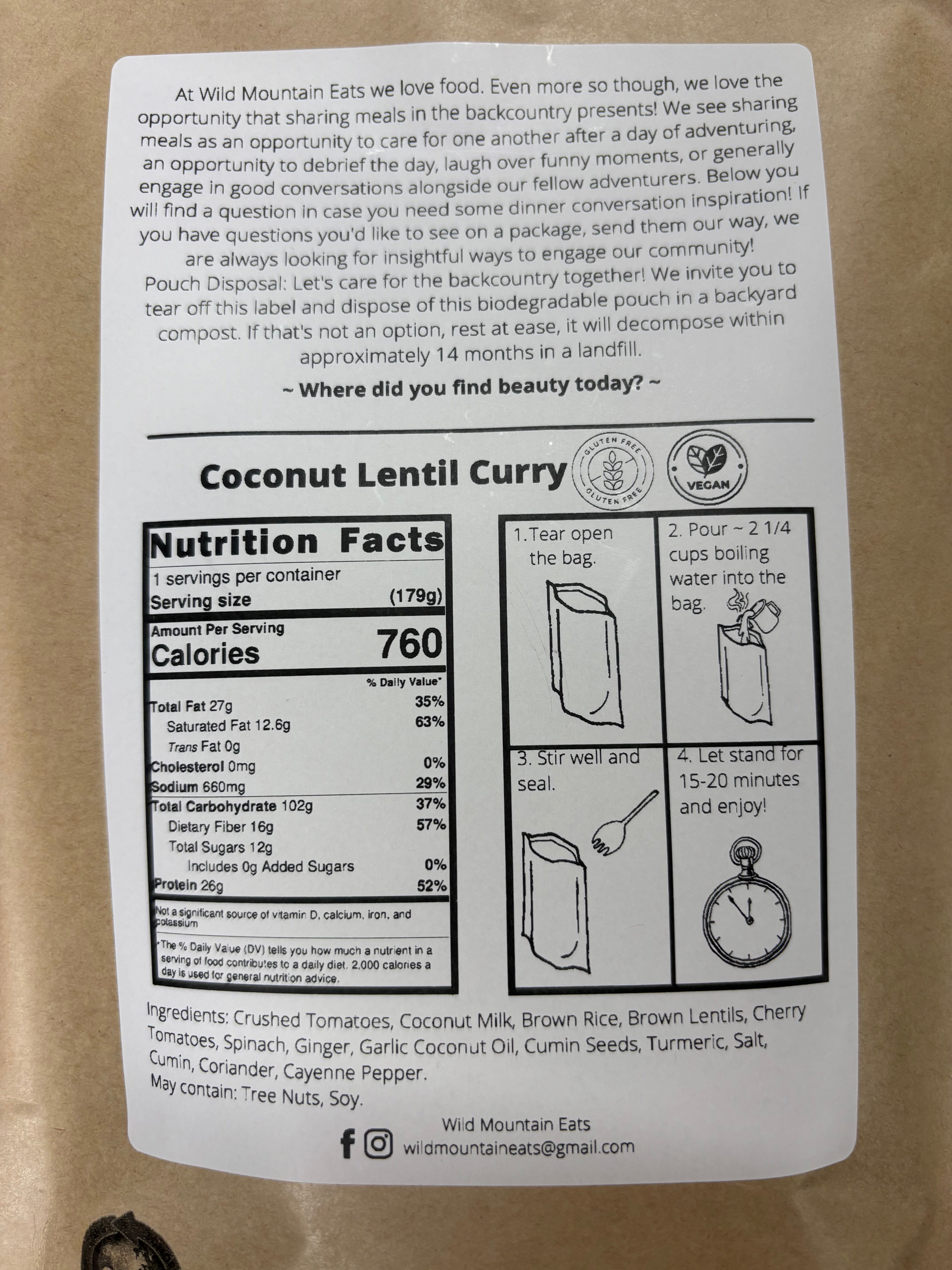 Coconut Lentil Curry Regular (179gms/760 cals) - GF, Vegan